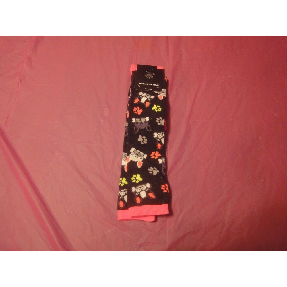 Beverly Hills Polo Club knee highs socks pink black puppy dog design 5-9‎